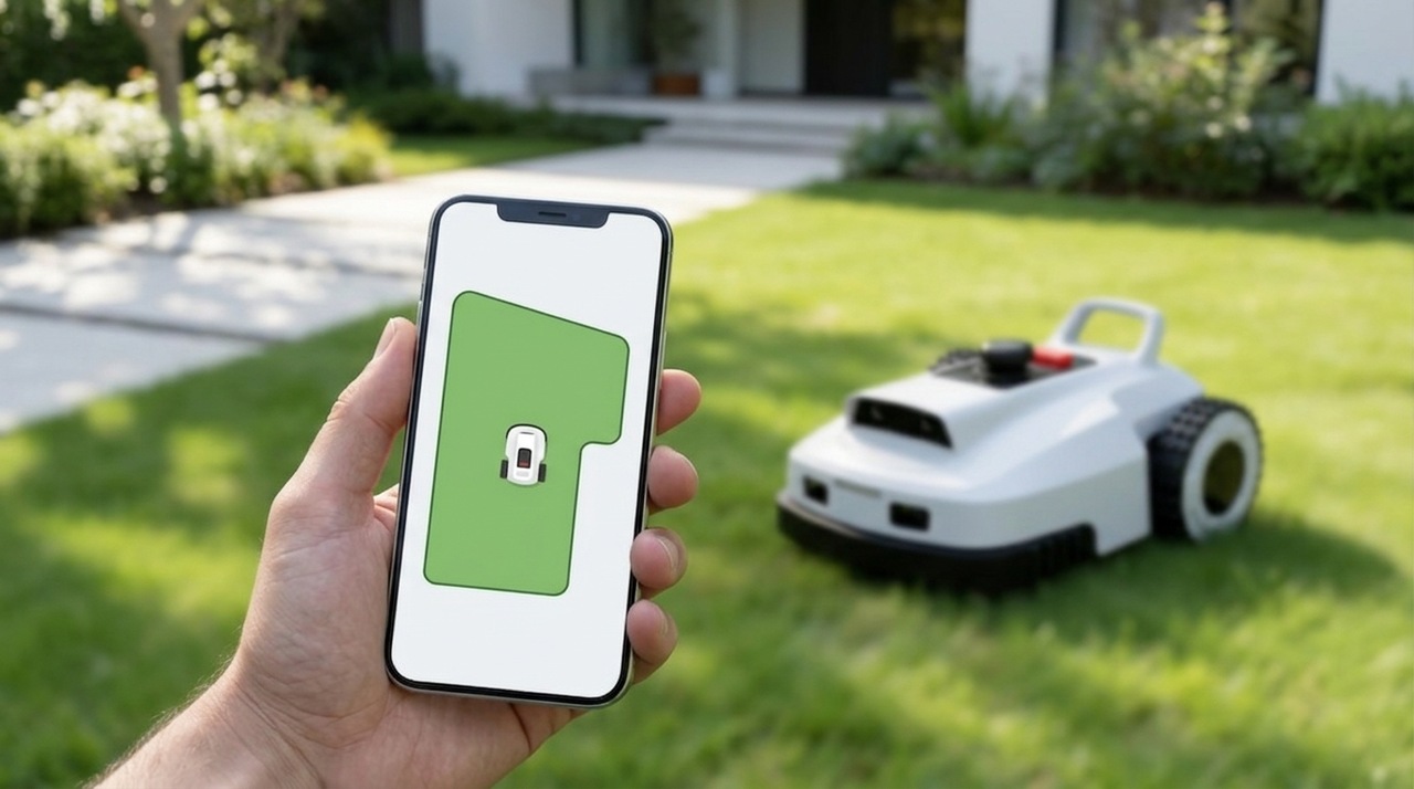 Hand holding phone showing lawn-mapping app with VERDA on the grass