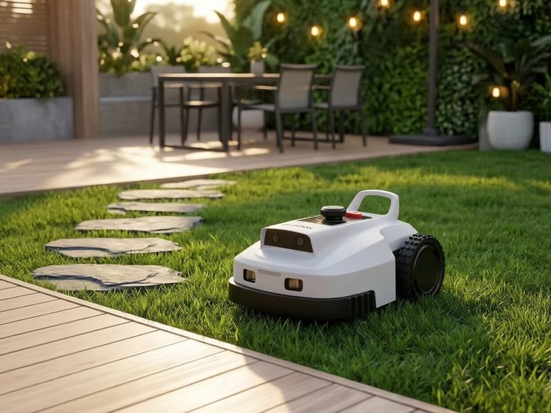 VERDA mowing a lawn at dusk beside a lit terrace