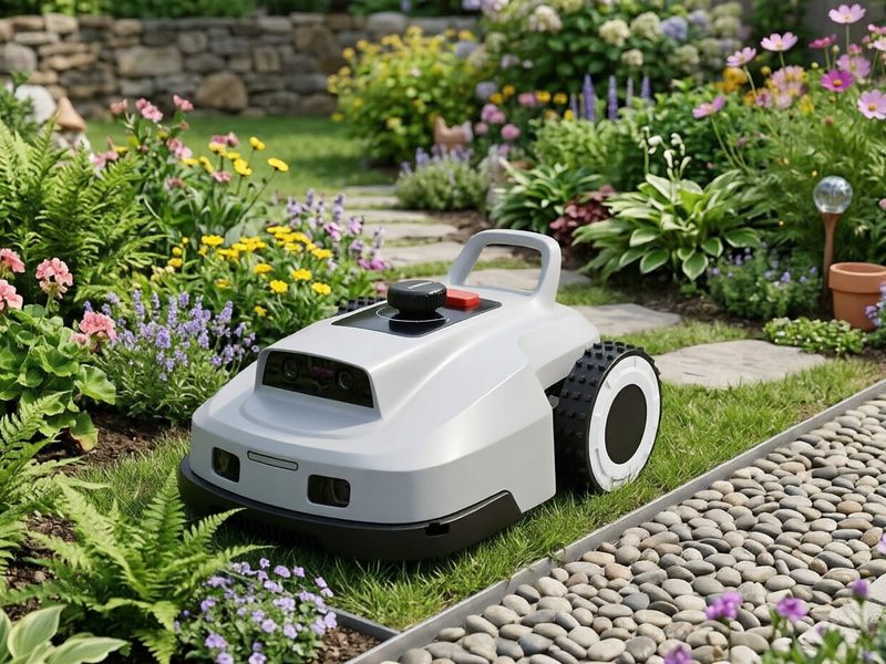 VERDA mowing alongside a planted flower bed without entering it