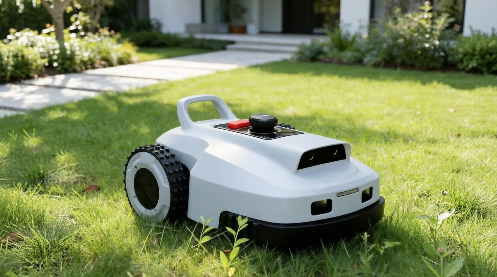 VERDA robot lawn mower on a mown lawn in front of a modern house