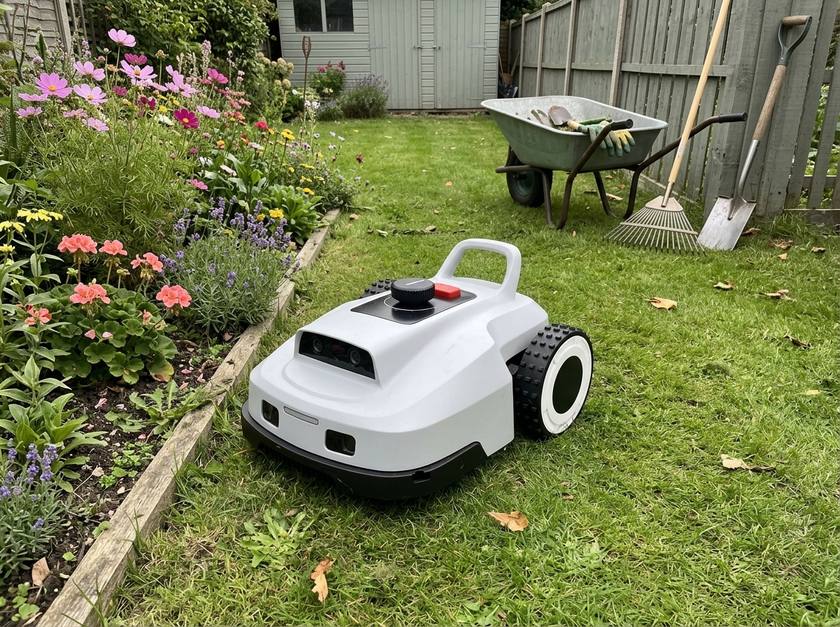 Owner sitting on a deck chair while VERDA mows the lawn behind him