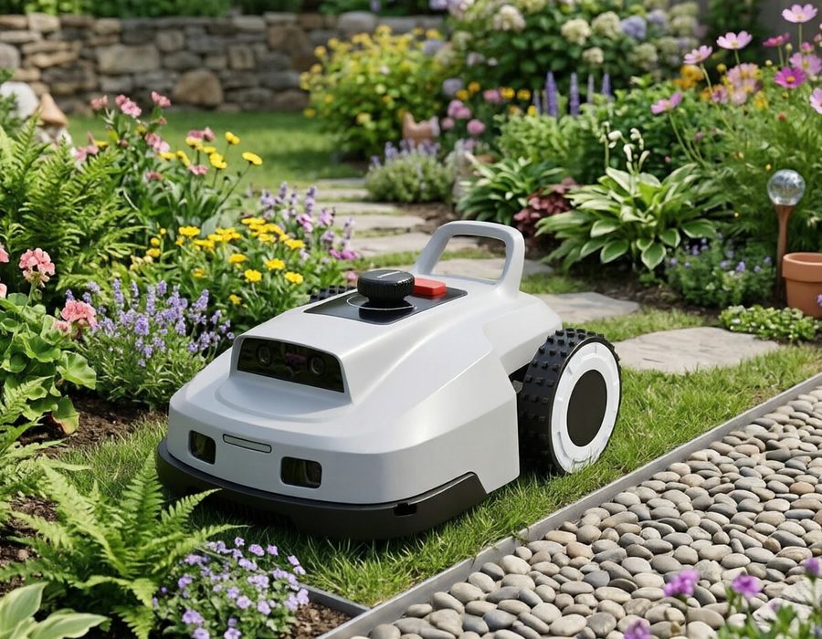 VERDA working a planted garden lawn along a flower bed and gravel border
